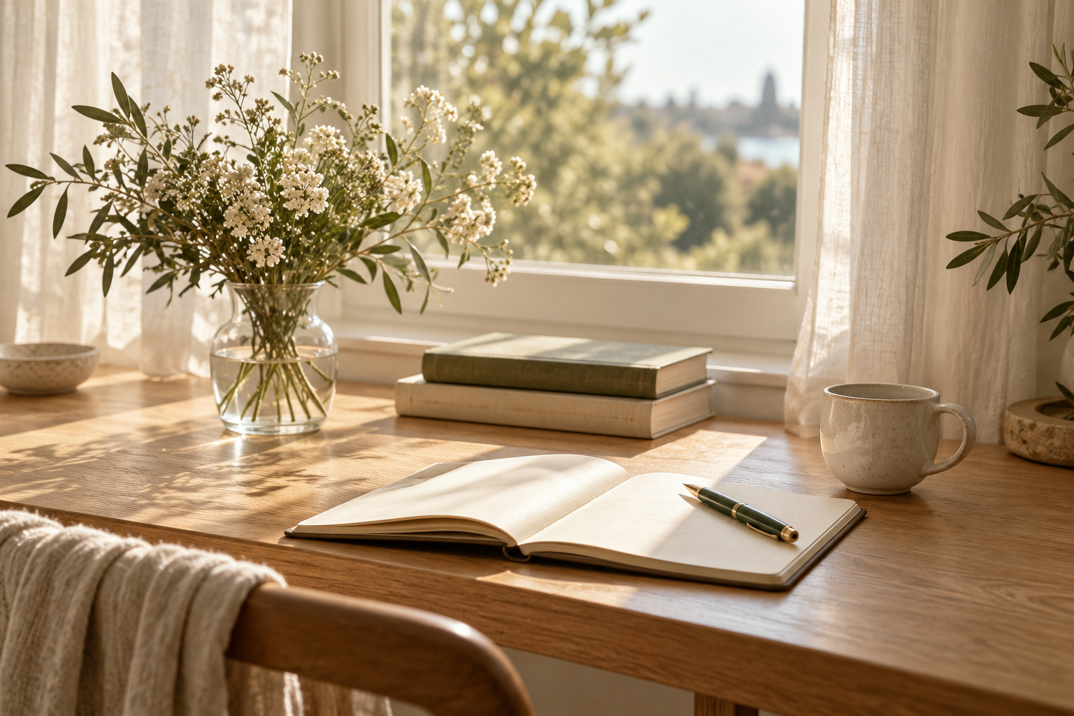 Светлый стол с книгами и цветами
